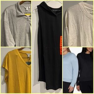 Women’s Lot Fits Size Large: 4 shirts, 1 sweater, 1 hooded dress